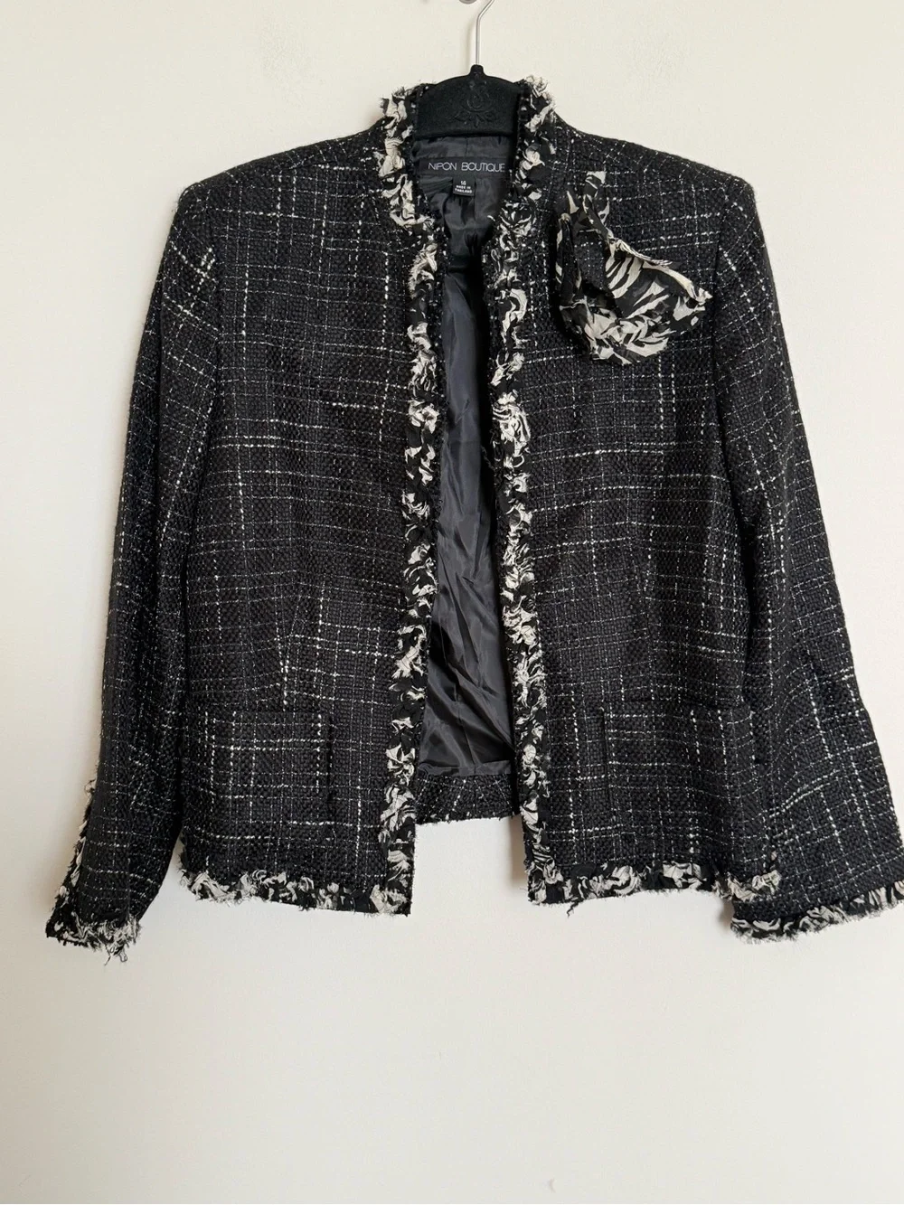 Nipon Boutique Black Tweed Fringe Jacket Size 14 Chanel Inspired Blazer - Picture 3 of 8